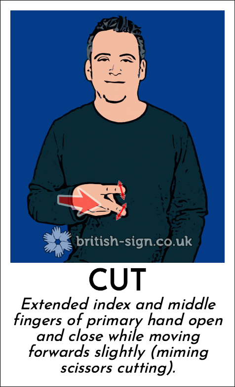 Cut: Extended index and middle fingers of primary hand open and close while moving forwards slightly (miming scissors cutting).
